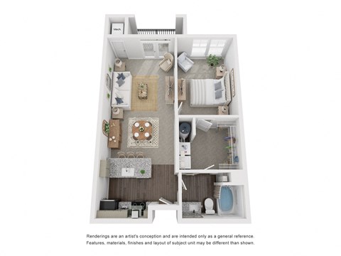 a stylized floor plan with a bedroom and a living room
