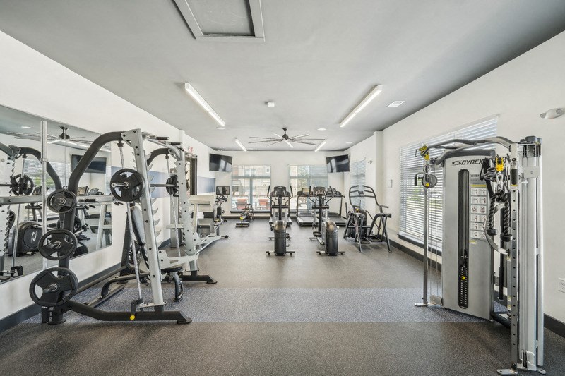 a gym with weights and cardio machines and a ceiling fan