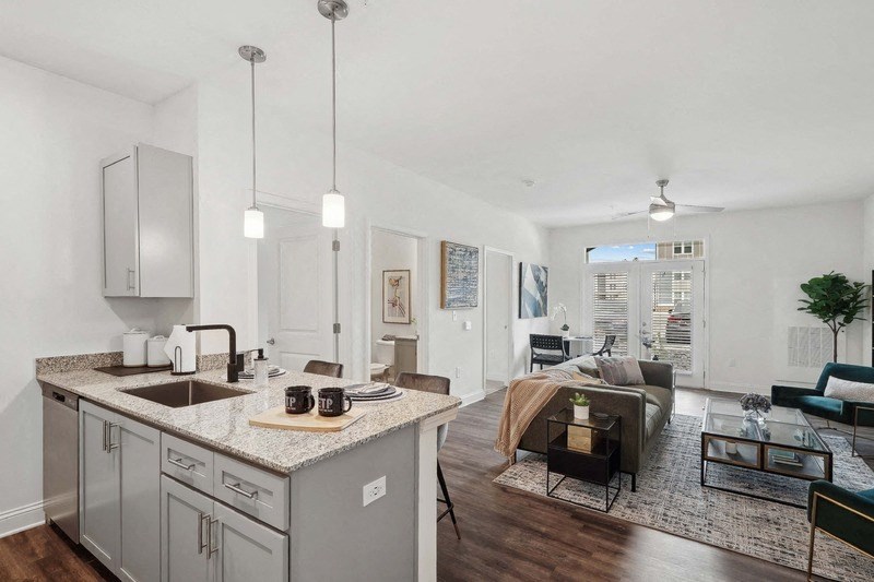 the view of a lobby with many different fonts on the wall