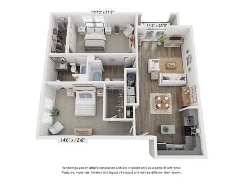 a 3d floor plan of a residence with a bedroom and living room