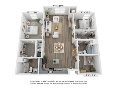 a 3 bedroom floor plan with a wood floor