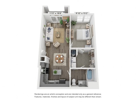 a stylized floor plan of a 1 bedroom apartment