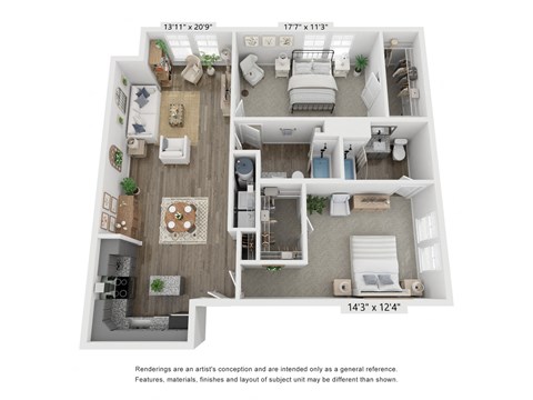 a 3d floor plan of a studio apartment