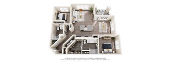 A 3D floor plan of a house with multiple rooms and furniture.