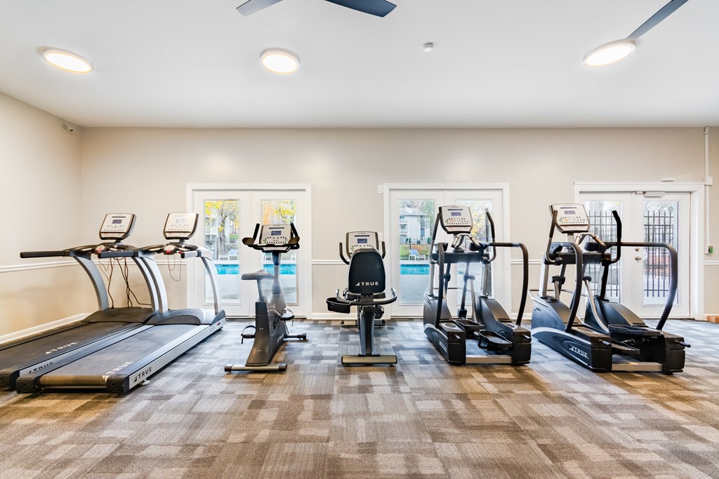 A gym with treadmills, elliptical machines, and a fan.