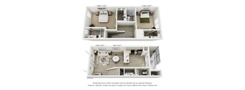 A floor plan of a two-bedroom apartment with a living room, kitchen, and bathroom.