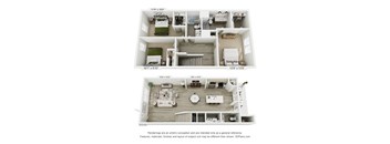 A floor plan of a two-bedroom apartment with a living room, kitchen, and bathroom.