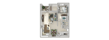 A 3D floor plan of a small apartment with a kitchen, living room, and bathroom.