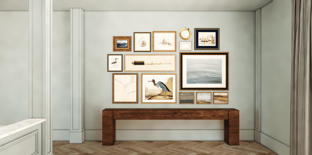 a gallery wall with pictures and a bench in a room