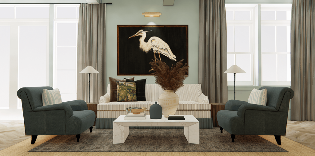 a living room with blue and white furniture and a white coffee table