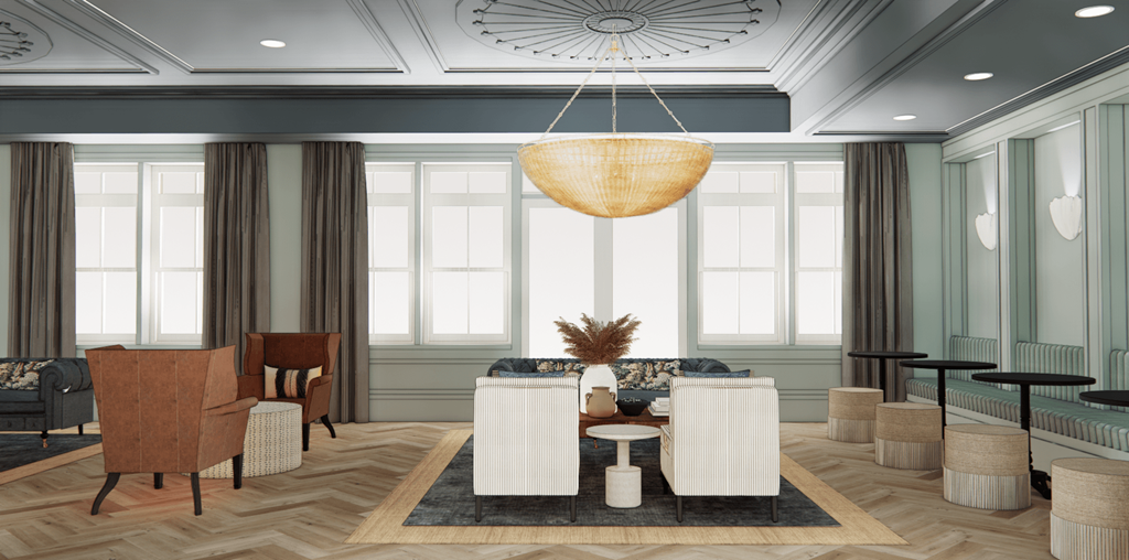 a rendering of a lobby with a table and chairs