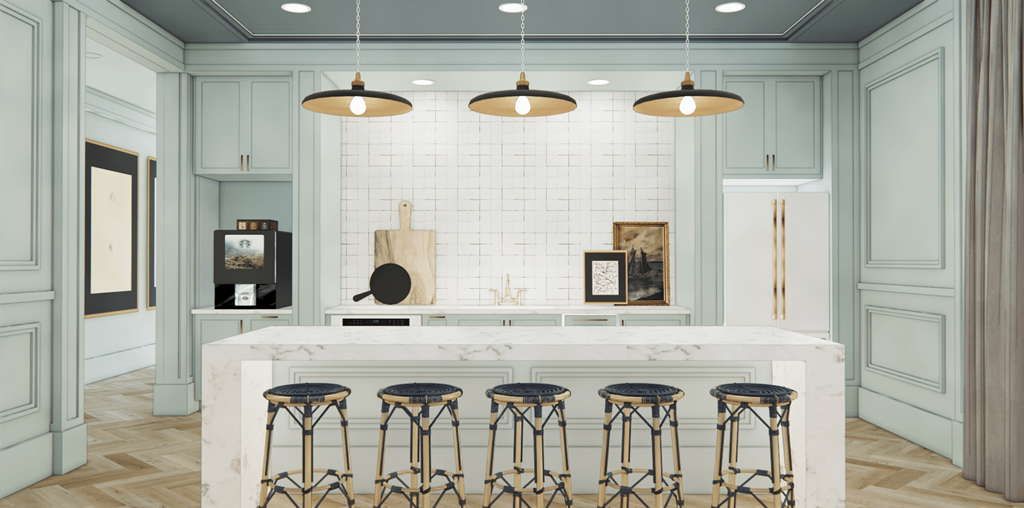 a kitchen with a marble counter top and bar stools