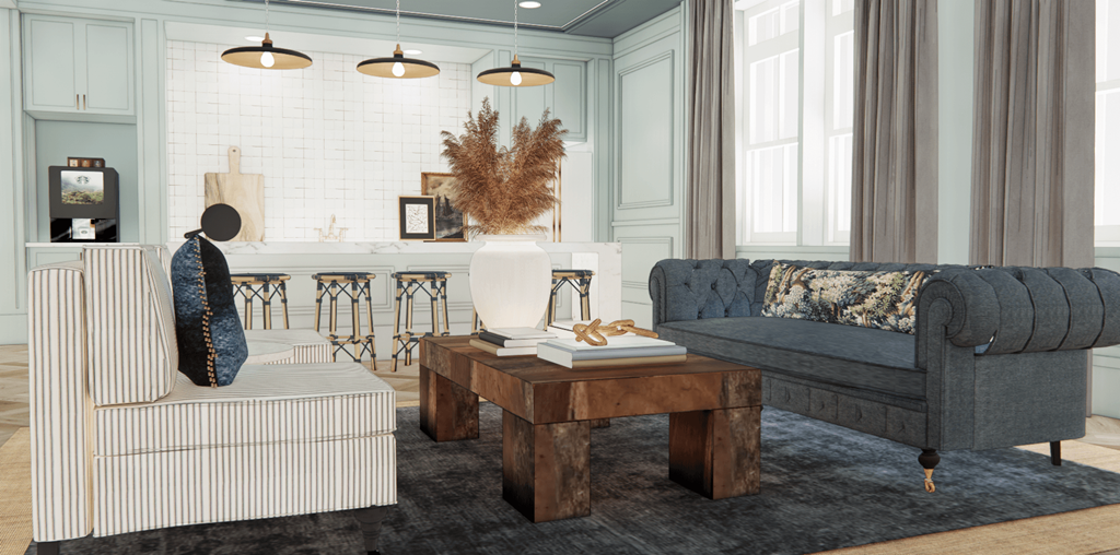 a living room with a blue couch and a coffee table