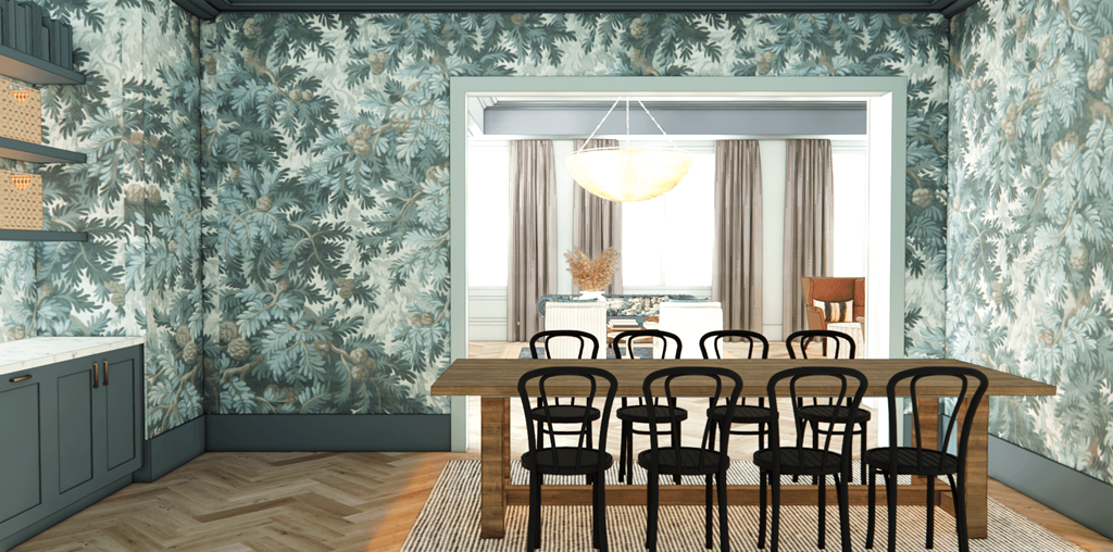 a dining room with a wooden table and chairs and a large window