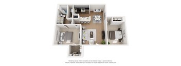 A 3D floor plan of a house with a kitchen, living room, and two bedrooms.