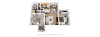 A 3D floor plan of a house with a kitchen, living room, and two bedrooms.