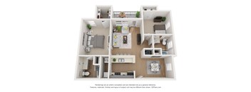 A 3D floor plan of a house with a kitchen, living room, and bedrooms.