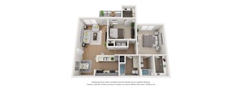 A 3D floor plan of a house with a kitchen, living room, and bathroom.