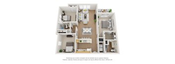 A 3D floor plan of a house with a kitchen, living room, and two bedrooms.