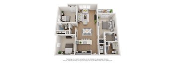 A 3D floor plan of a house with a kitchen, living room, and two bedrooms.