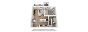 A 3D floor plan of a small apartment with a kitchen, living room, and bathroom.
