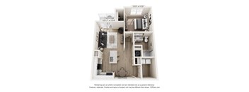 A 3D floor plan of a small apartment with a kitchen, living room, and two bedrooms.