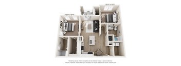 A 3D floor plan of a small apartment with a kitchen, living room, and bathroom.