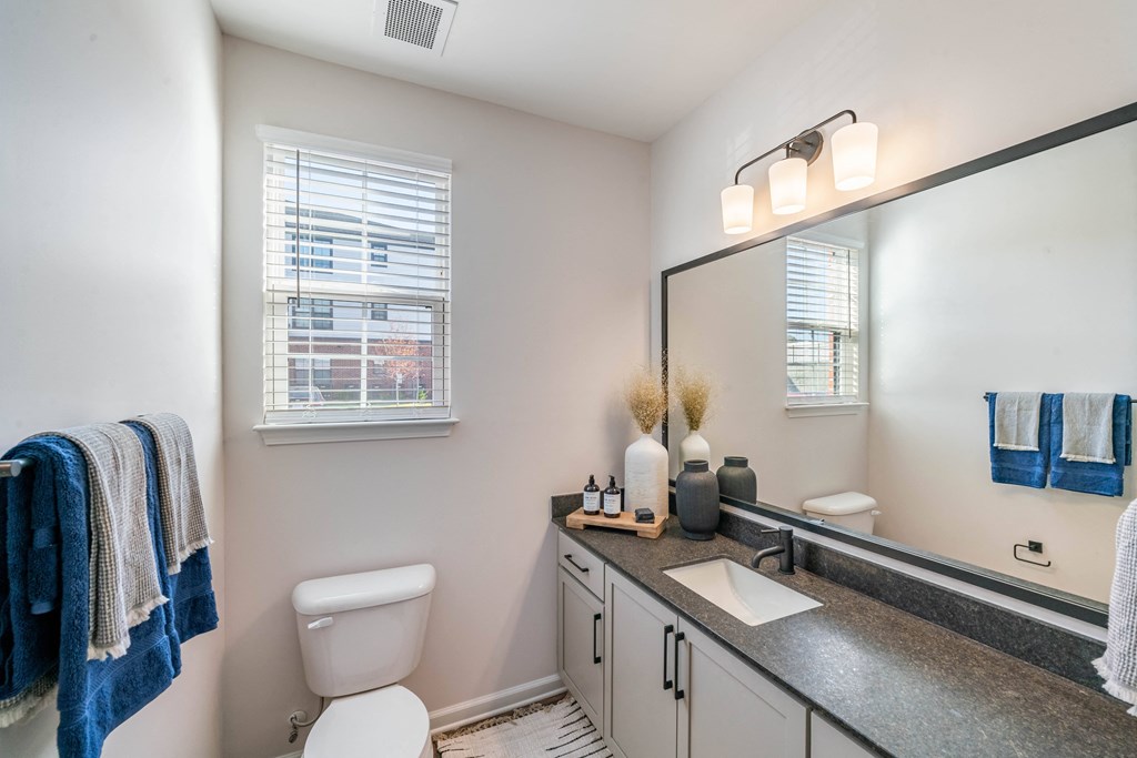 a bathroom with a large mirror and a toilet and a sink
