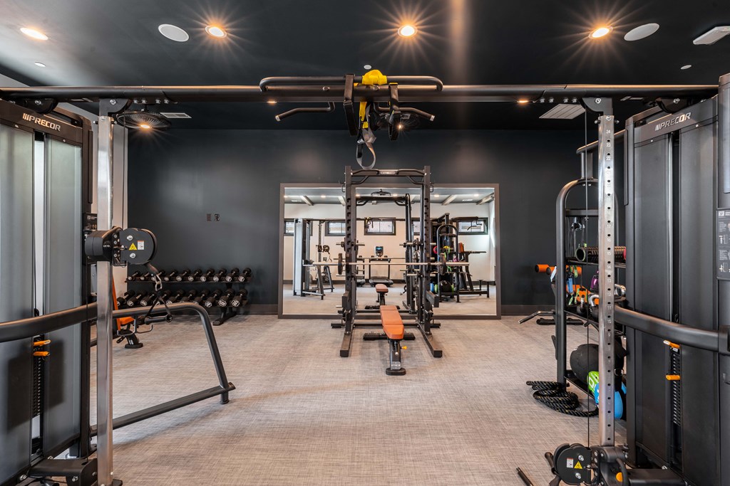 a large fitness room with weights and cardio equipment