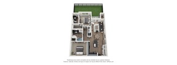 A 3D floor plan of a house with a kitchen, living room, and bathroom.