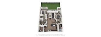 A 3D floor plan of a house with a kitchen, living room, and two bedrooms.