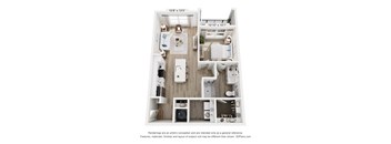 A floor plan of a small apartment with a kitchen, living room, and bathroom.