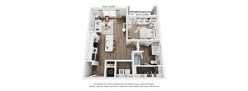 A 3D floor plan of a small apartment with a kitchen, living room, and bathroom.