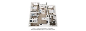 A 3D floor plan of a small apartment with two bedrooms and a living area.