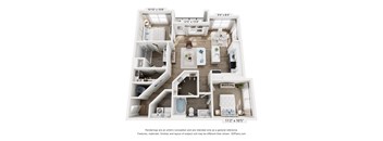 A 3D floor plan of a small apartment with a kitchen, living room, and two bedrooms.