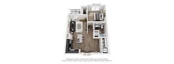 A 3D floor plan of a small apartment with a kitchen, living room, and bathroom.