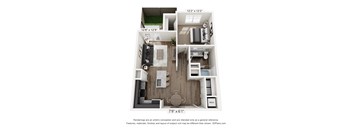 A 3D floor plan of a small apartment with a kitchen, living room, and bathroom.