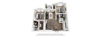 A 3D floor plan of a small apartment with a kitchen, living room, and bedroom.