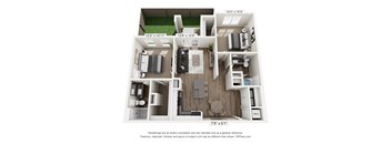 A 3D floor plan of a house with a kitchen, living room, and two bedrooms.