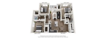 A 3D floor plan of a small apartment with a living room, kitchen, and two bedrooms.