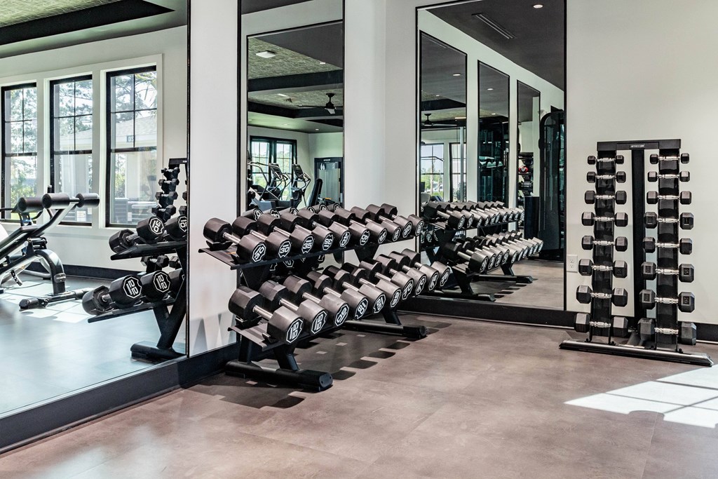 A gym with a row of dumbbells on the left and a mirror on the right. at Evolve Waterford Apartments in Belville, NC
