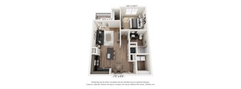 A 3D floor plan of a small apartment with a kitchen, living room, and bedroom.
