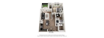 A 3D floor plan of a small apartment with a kitchen, living room, and bedroom.
