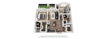 A 3D floor plan of a house with a living room, kitchen, and two bedrooms.