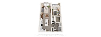 A floor plan of a two-bedroom apartment with a living room, kitchen, and bathroom.