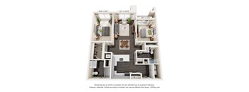 A 3D floor plan of a house with a living room, kitchen, and two bedrooms.
