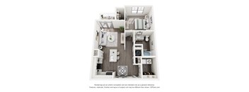 A 3D floor plan of a small apartment with a kitchen, living room, and bathroom.