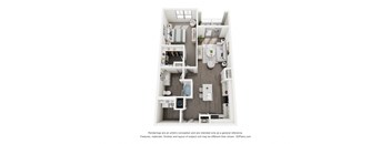 A 3D floor plan of a small apartment with a kitchen, living room, and bathroom.