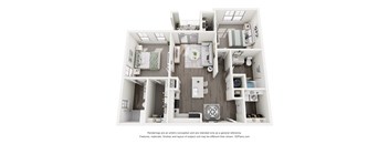 A 3D floor plan of a house with a kitchen, living room, and two bedrooms.