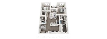 A 3D floor plan of a house with a kitchen, living room, and bathrooms.